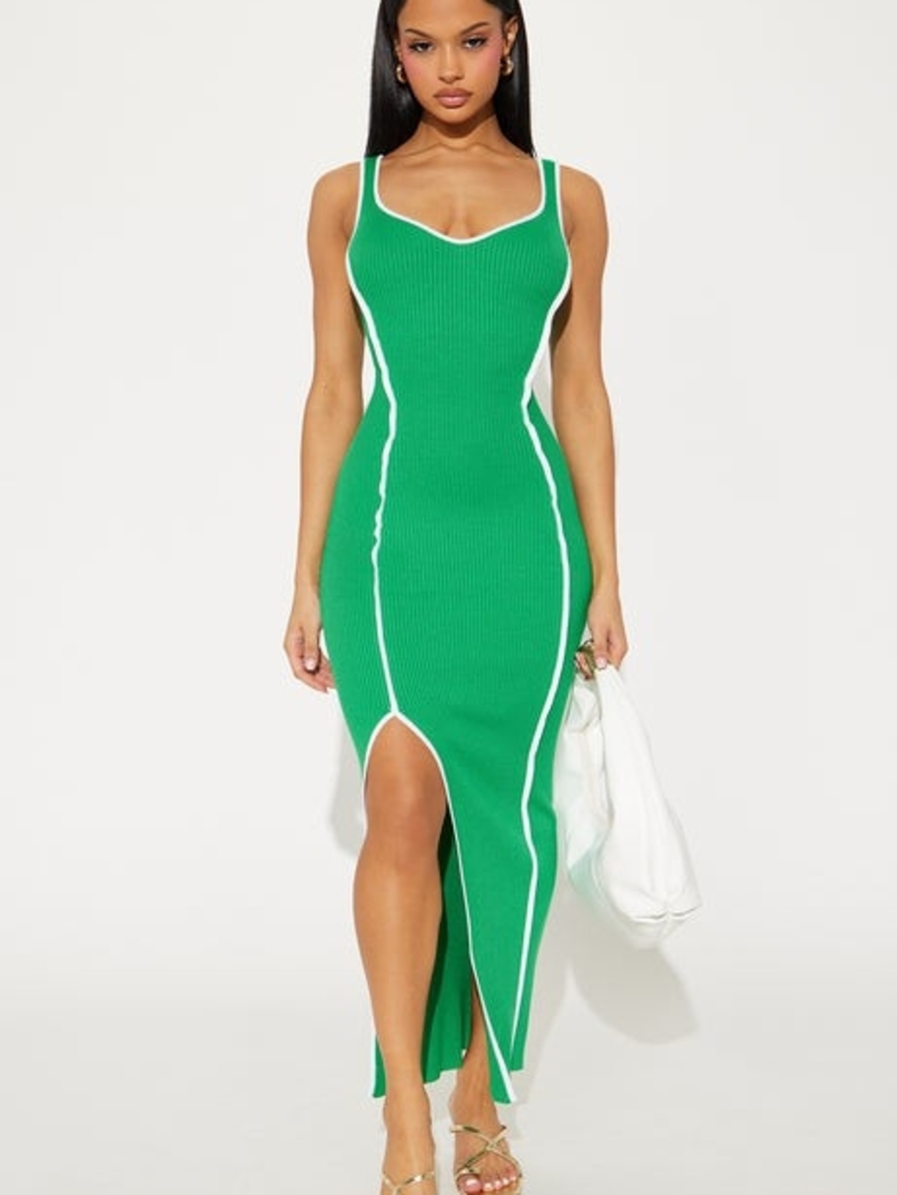 Green Ribbed Tank Midi Dress with Contrast Piping